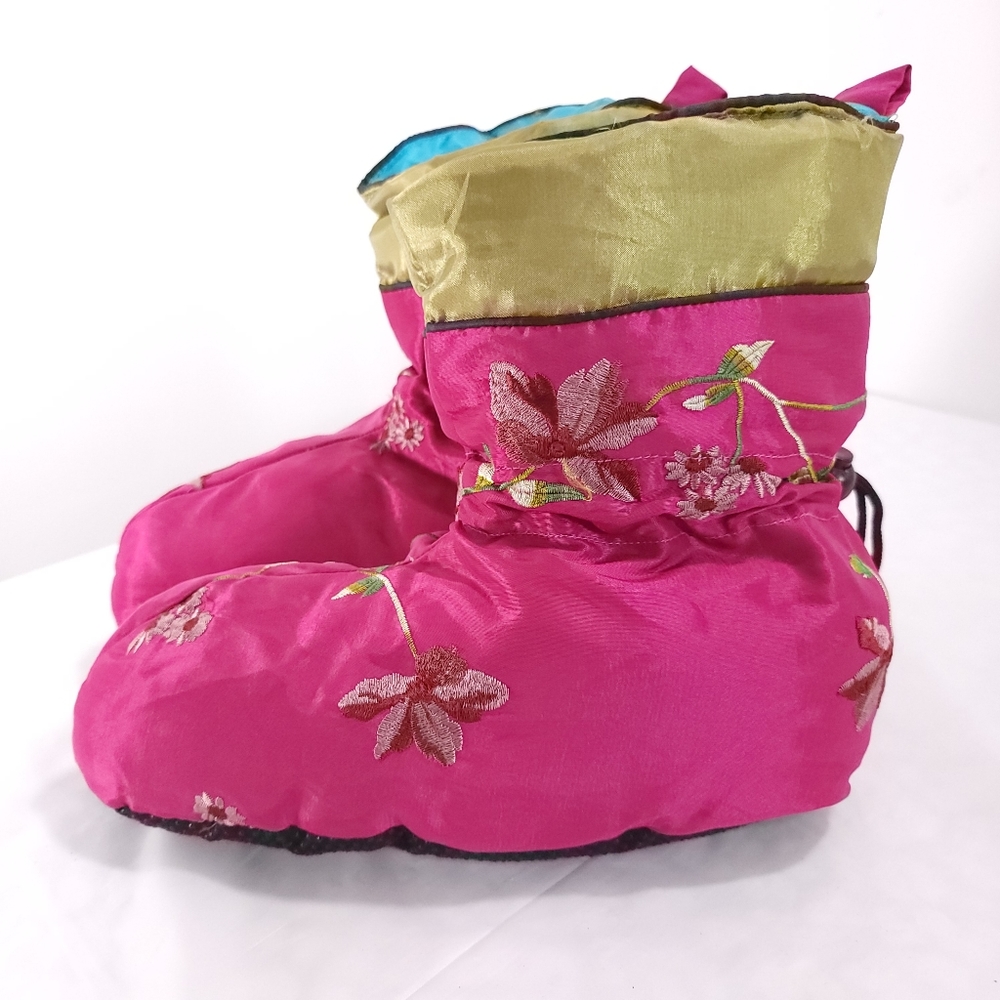 Down Filled Grip Bottom Satin Embroidered Floral Mid-Calf Bootie Slippers 9/10